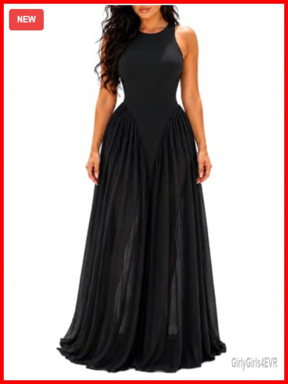 Women's Sleeveless Maxi Dress Sheer Chiffon Basque Waist Vacation